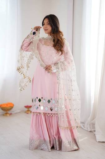 Light Pink Color Embroidery,Thread With Real Mirror Work French Creep Top Bottom Dupatta Set 