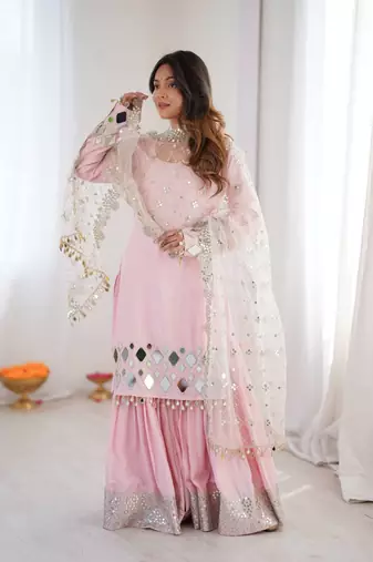 Light Pink Color Embroidery,Thread With Real Mirror Work French Creep Top Bottom Dupatta Set 
