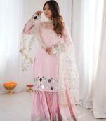 Light Pink Color Embroidery,Thread With Real Mirror Work French Creep Top Bottom Dupatta Set 