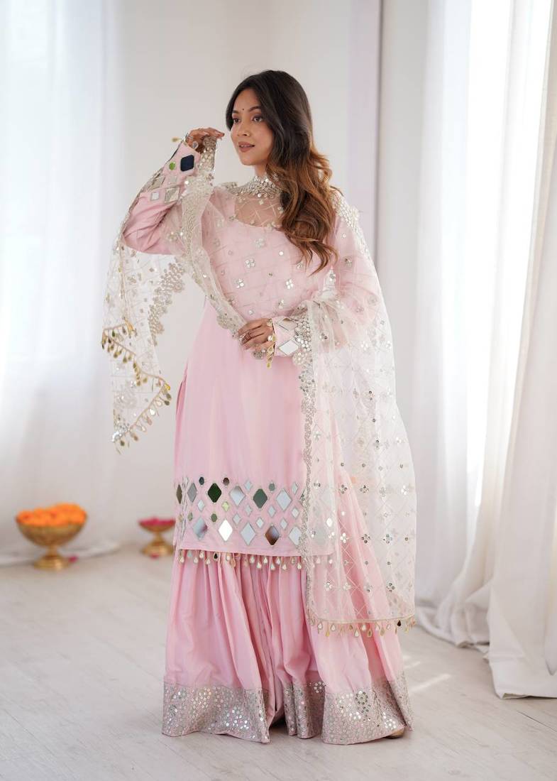Light Pink Color Embroidery,Thread With Real Mirror Work French Creep Top Bottom Dupatta Set 