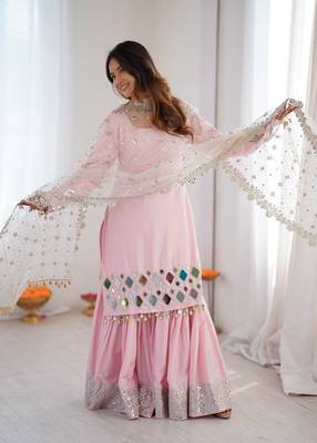 Light Pink Color Embroidery,Thread With Real Mirror Work French Creep Top Bottom Dupatta Set  3