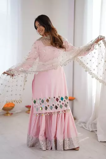 Light Pink Color Embroidery,Thread With Real Mirror Work French Creep Top Bottom Dupatta Set 