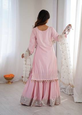 Light Pink Color Embroidery,Thread With Real Mirror Work French Creep Top Bottom Dupatta Set  4