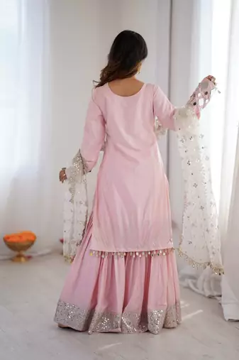 Light Pink Color Embroidery,Thread With Real Mirror Work French Creep Top Bottom Dupatta Set 
