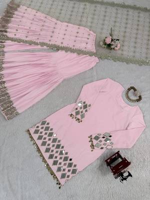 Light Pink Color Embroidery,Thread With Real Mirror Work French Creep Top Bottom Dupatta Set  5