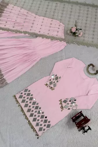 Light Pink Color Embroidery,Thread With Real Mirror Work French Creep Top Bottom Dupatta Set 