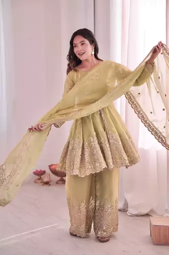 Pista color fendy satin silk embroidery work party wear salwar suit