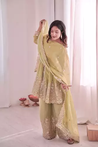 Pista color fendy satin silk embroidery work party wear salwar suit