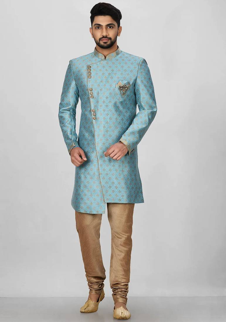 Sky blue anghrakha pattern work indo western