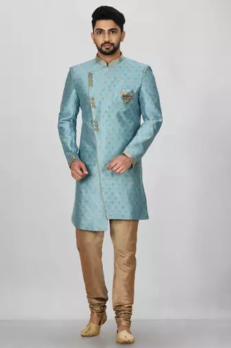 Sky blue anghrakha pattern work indo western