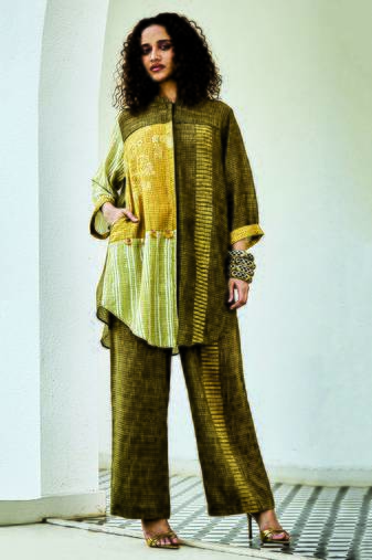 Yellow green printed linen kurta set