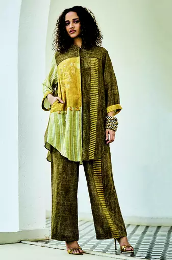 Yellow green printed linen kurta set