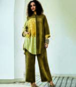 Yellow green printed linen kurta set