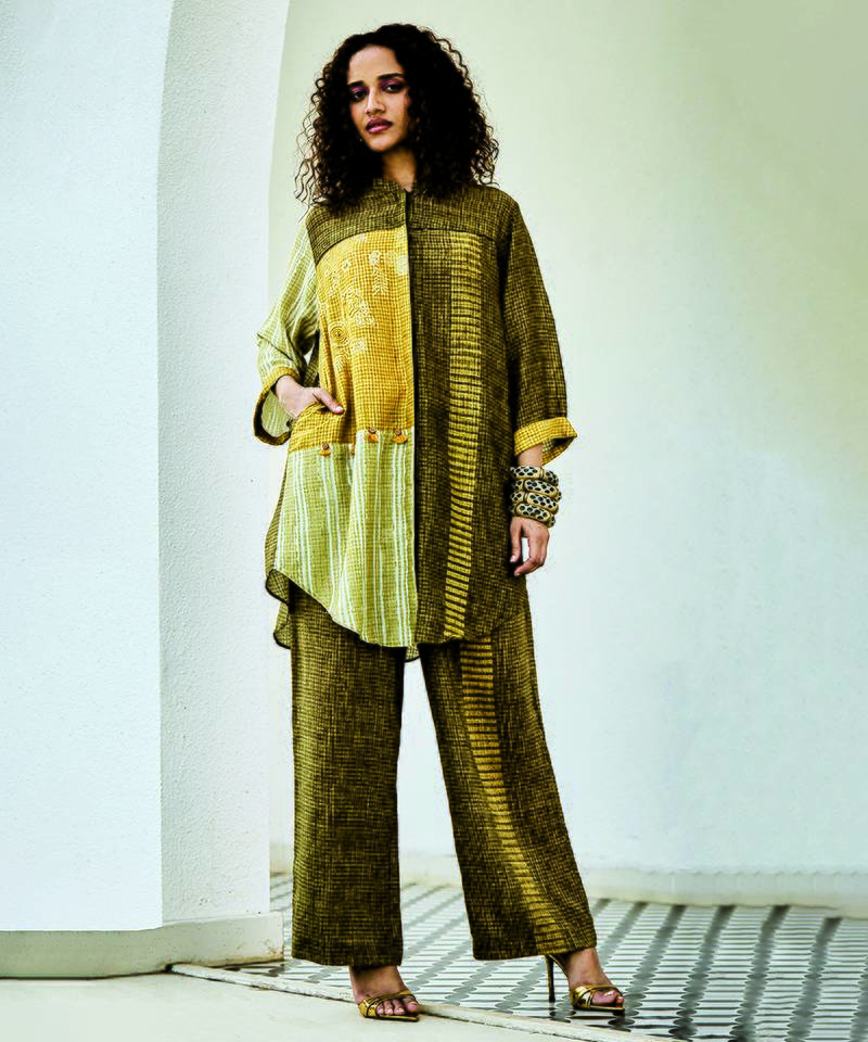 Yellow green printed linen kurta set