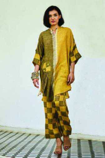 Mustard yellow printed linen kurta set