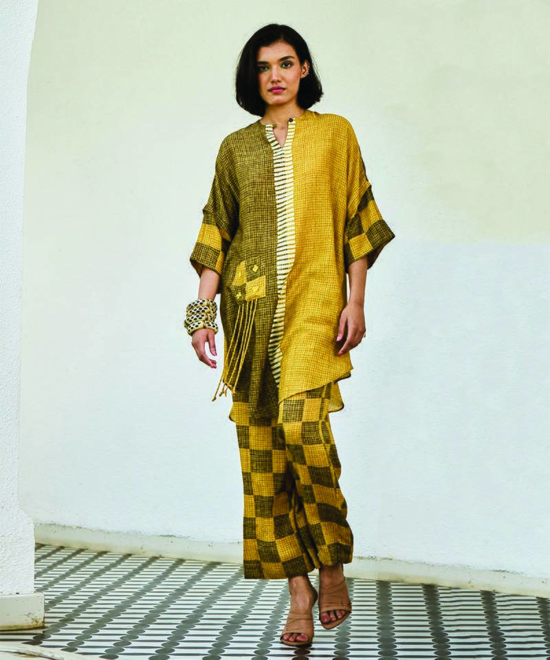Mustard yellow printed linen kurta set