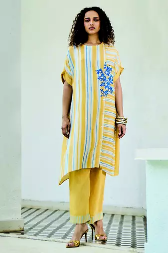 Yellow printed linen kurta set