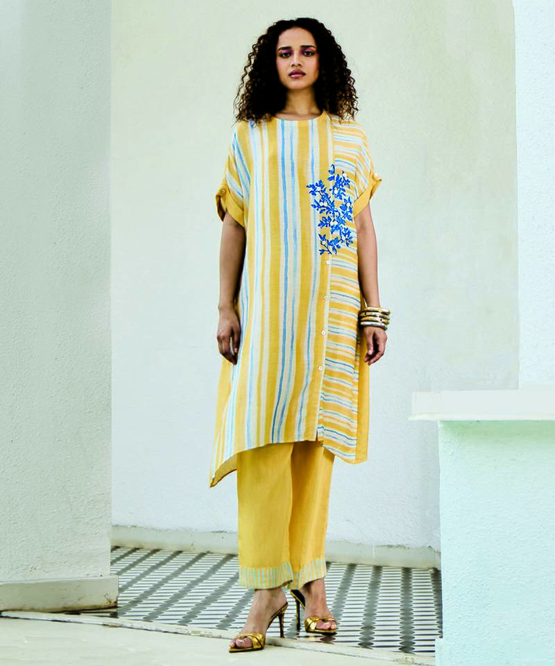 Yellow printed linen kurta set