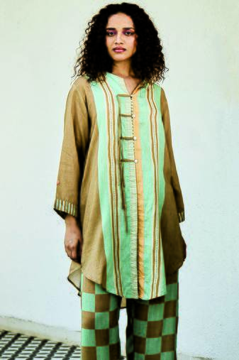 Brown printed linen kurta set