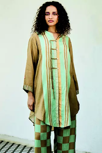 Brown printed linen kurta set