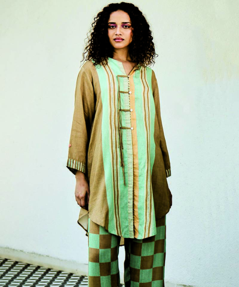Brown printed linen kurta set