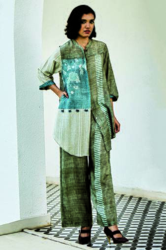 Grey blue printed linen kurta set