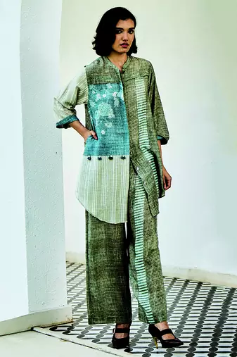 Grey blue printed linen kurta set