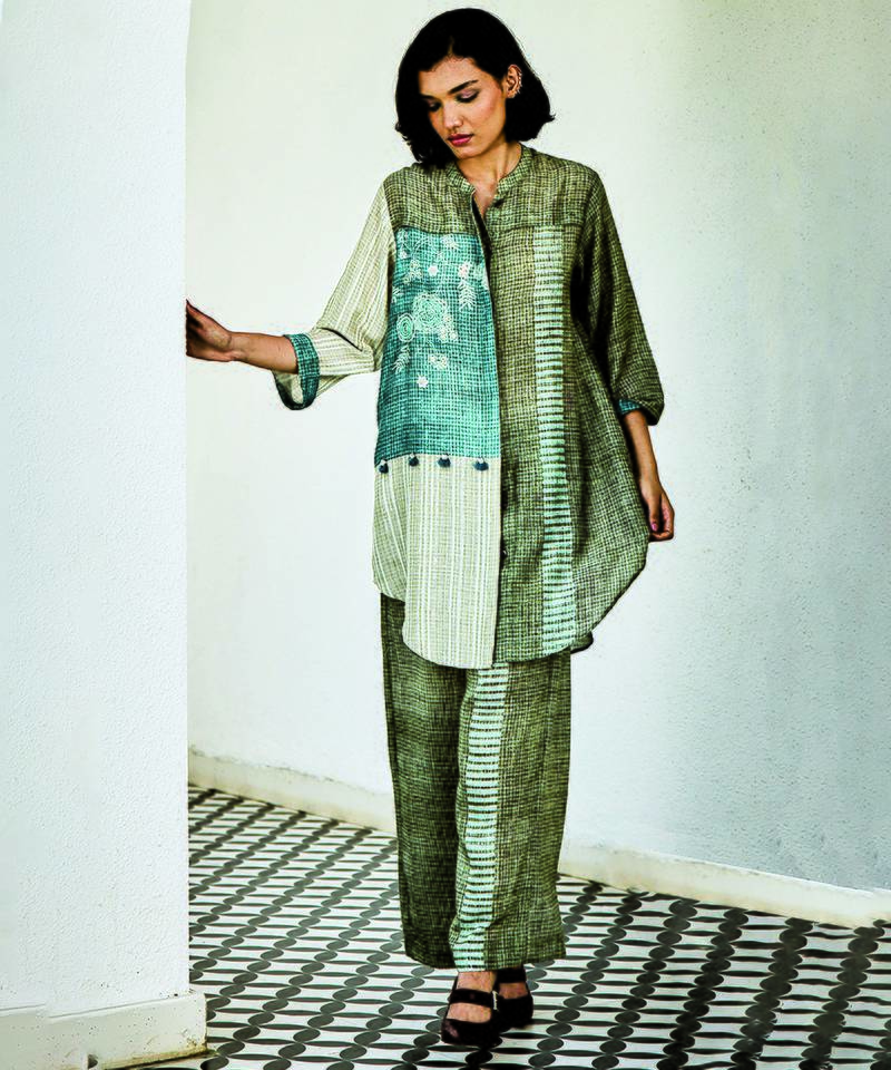 Grey blue printed linen kurta set