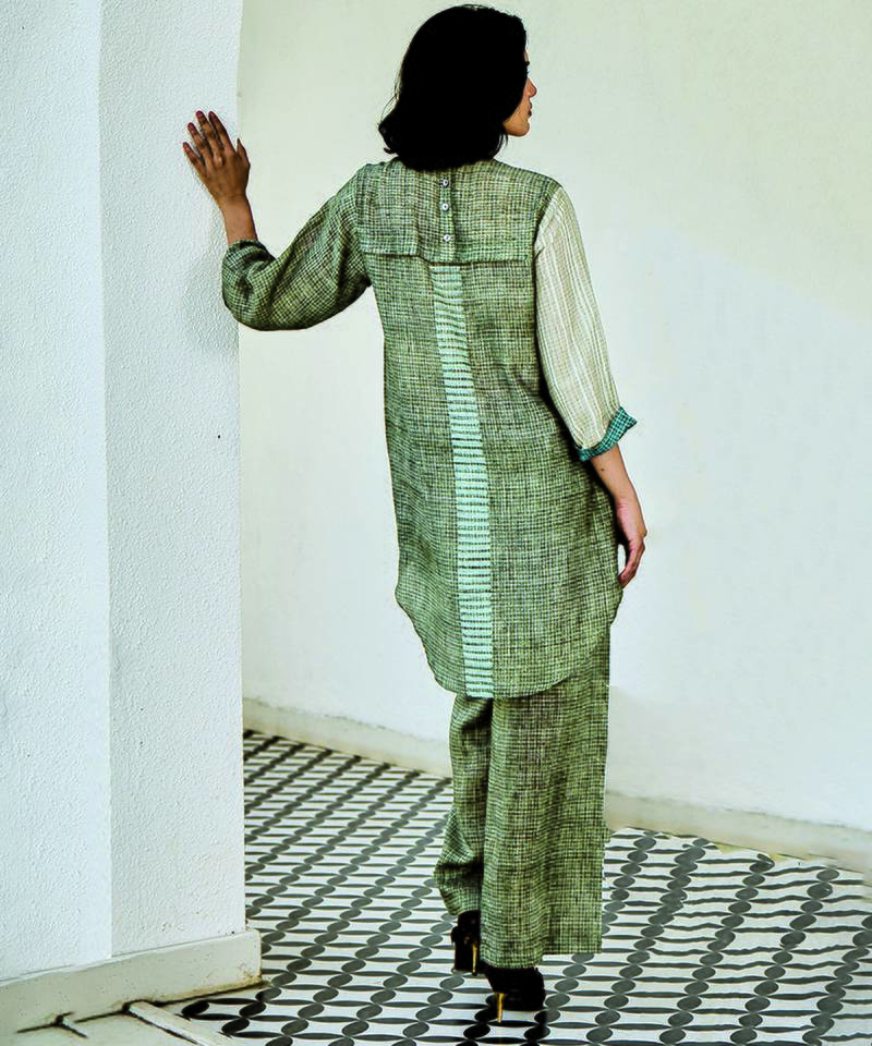 Grey blue printed linen kurta set