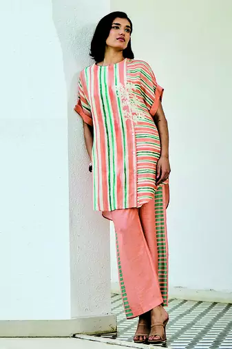 Peach printed linen kurta set