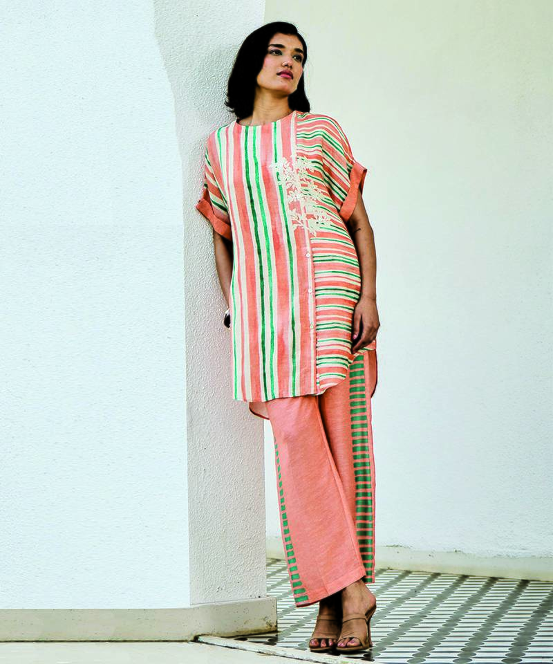 Peach printed linen kurta set