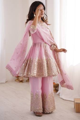 Baby pink color fendy satin silk embroidery work party wear salwar suit