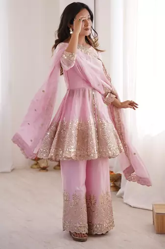 Baby pink color fendy satin silk embroidery work party wear salwar suit