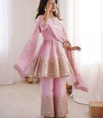 Baby pink color fendy satin silk embroidery work party wear salwar suit