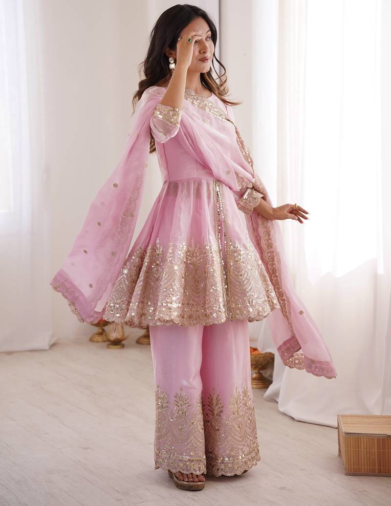 Baby pink color fendy satin silk embroidery work party wear salwar suit