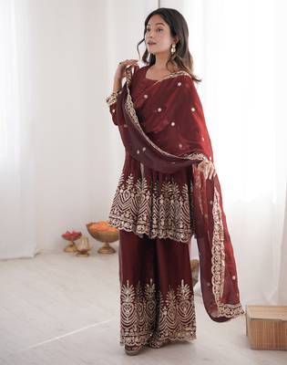 Maroon color fendy satin silk embroidery work party wear salwar suit 1