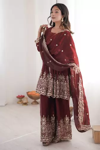 Maroon color fendy satin silk embroidery work party wear salwar suit