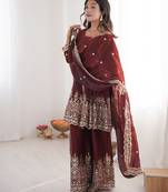 Maroon color fendy satin silk embroidery work party wear salwar suit