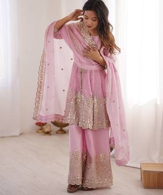 Baby pink color fendy satin silk embroidery work party wear salwar suit 2