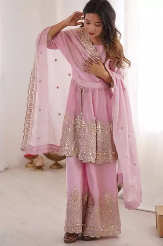 Baby pink color fendy satin silk embroidery work party wear salwar suit