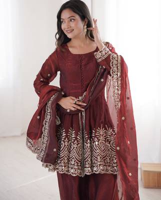 Maroon color fendy satin silk embroidery work party wear salwar suit 2