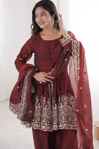 Maroon color fendy satin silk embroidery work party wear salwar suit