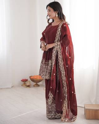 Maroon color fendy satin silk embroidery work party wear salwar suit 3