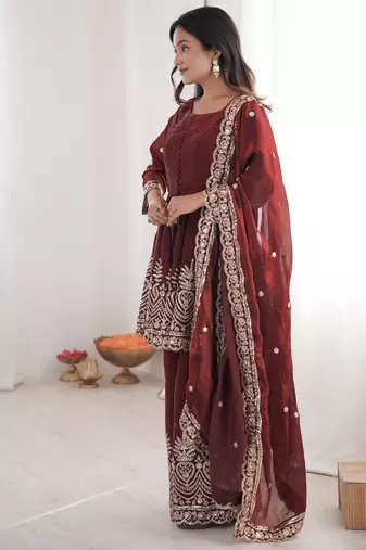 Maroon color fendy satin silk embroidery work party wear salwar suit