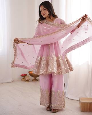 Baby pink color fendy satin silk embroidery work party wear salwar suit 4