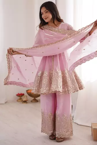 Baby pink color fendy satin silk embroidery work party wear salwar suit