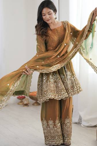 Olive color fendy satin silk embroidery work party wear salwar suit