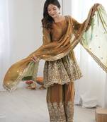 Olive color fendy satin silk embroidery work party wear salwar suit