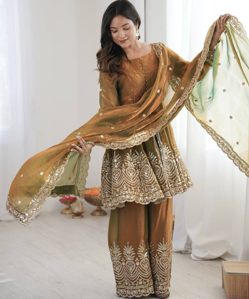 Olive color fendy satin silk embroidery work party wear salwar suit