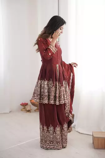 Maroon color fendy satin silk embroidery work party wear salwar suit